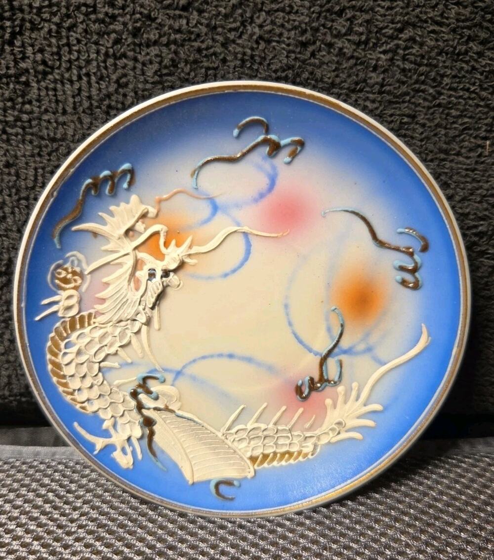 Vtg Hand Painted Japanese Moriage Blue Dragon Ware Plate Saucer Nikoniko 4.5"
